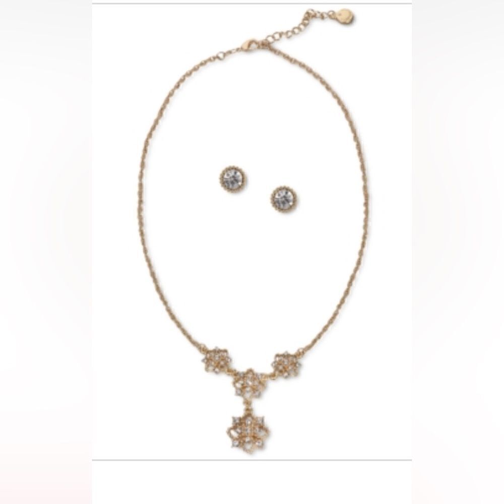 New Charter Club Gold-Tone Crystal Flower Lariat Necklace & Stud Earrings Set